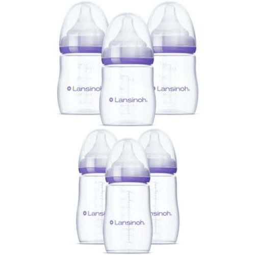 Lansinoh Anti-Colic Baby Bottles for Breastfeeding Babies, 5oz & 8oz, 3ct Each, 6 Bottles Total, Includes Slow Flow Nipples, Size S, and Medium Flow Nipples, Size M