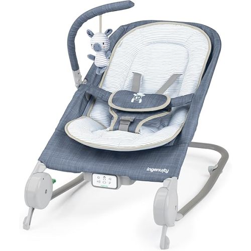 Ingenuity Happy Belly Baby Bouncer Seat and Rocker, Belly Massage & Vibration, Helps Soothe & Relieve Discomfort, Music, Plush Sloth Toy, for Ages 0-6 Months, Blue - Chambray