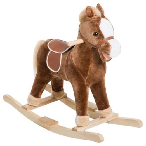 Qaba Kids Ride On Rocking Horse Toddler Plush Toy With Realistic Sounds For 3 Years Old Children - Brown