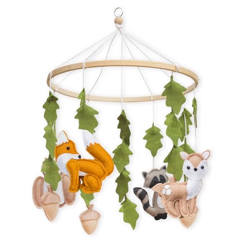 First Landings Woodland Baby Mobile for Crib - Baby Nursery Mobiles - Woodland Nursery Decor Theme - Gender Neutral Baby Stuff - Animals Forest Nursery Decor Baby Mobile - Woodland Baby Stuff