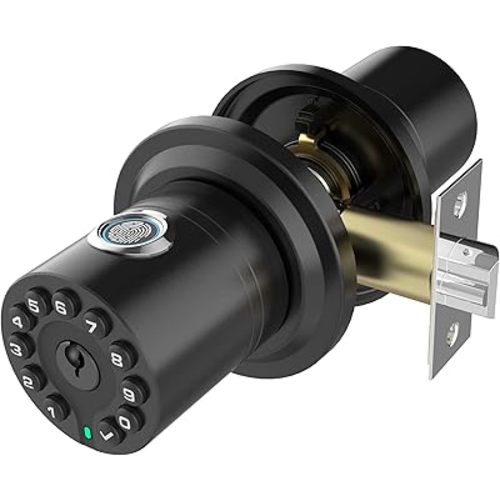 Fingerprint Door Knob with Keypad and Key, Smart Biometric Digital Lock with Voice Navigation Programming, Combination Zinc Electronic Handle for Interior Doors, Entry Gate,Bedrooms,Garage.