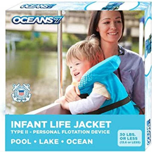 Oceans7 US Coast Guard Approved Infant Life Jacket 8-30 lbs – Type II PFD Flex-Form Chest Personal Flotation Device, Blue/White