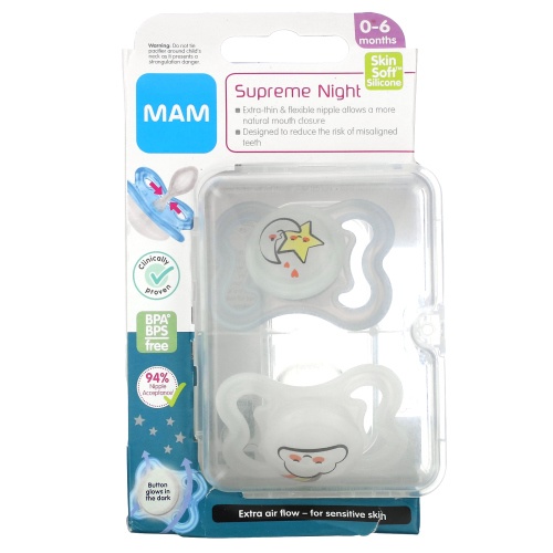 MAM Supreme Night Pacifier, 0-6 Months, Clear, 2 Count