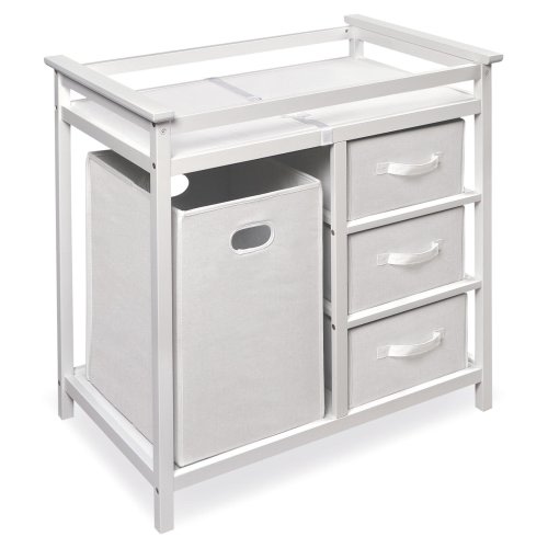 Badger Basket Modern Nursery Changing Station with Hamper, 3 Storage Baskets, and Pad, White