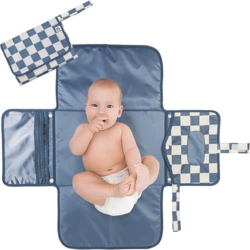Tiny Twinkle Portable Diaper Changing Pad-Foldable Waterproof Changing Mat&Portable Changing Pad for Travel,Baby Changing Station with Smart Wipes Pocket&Storage (Blue Checkers)