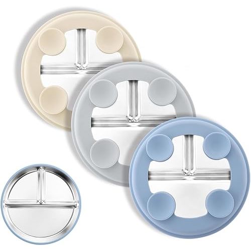 Bakpoco Stainless Steel Suction Plates for Toddlers, 8" Divided Kids Baby Plates with Removable Silicone Suction, Non Toxic Non Slip Portion Control Snack Dishes 3 Packs, Blue Gray Beige