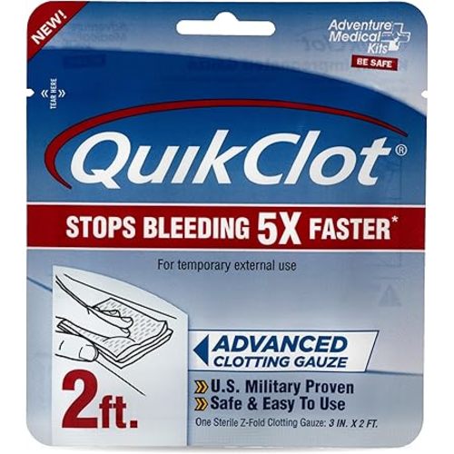 Adventure Medical Kits QuikClot Gauze - Gauze for Emergency Survival Kit, Doomsday Prepping Supplies & More - Stops Bleeding Fast with Kaolin - Flexible Hemostatic Medical Gauze - 3" x 24"