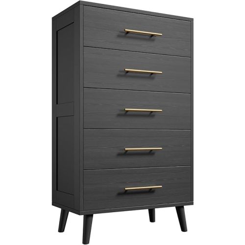 Aiho 5 Drawer Dresser, Tall Chest with Metal Handles, Wood Storage Organizer for Bedroom, Hallway, or Living Room, Black