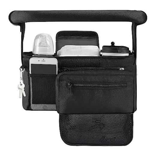 Momcozy Stroller Organizer, with 2 Non-Slip Stickers and 2 Large Capacity and Detachable Mesh Bags, Fits All Strollers Like Britax, Uppababy, Baby Jogger Stroller - Dark Black