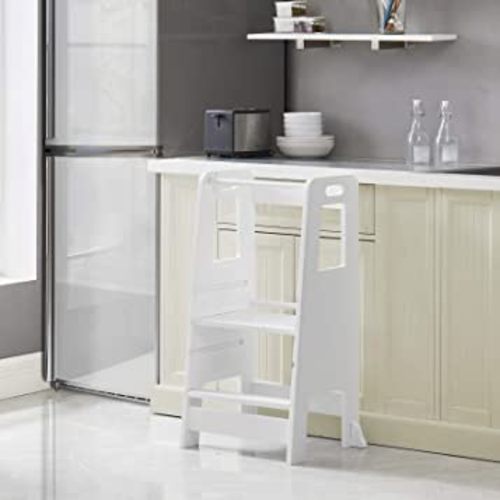 Kid's Wooden Kitchen Step Stool, 220lbs Capacity, Adjustable Platform Standing Tower, with Safety Guardrail Child Studying Tower, Toddler Stool for Bathroom, Cooking Helper(White