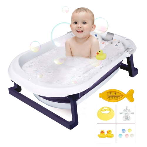PUEDO Foldable Baby Bathtub, Portable Travel Newborn Infant Toddler Bath Tub with Thermometer & Toys, Blue