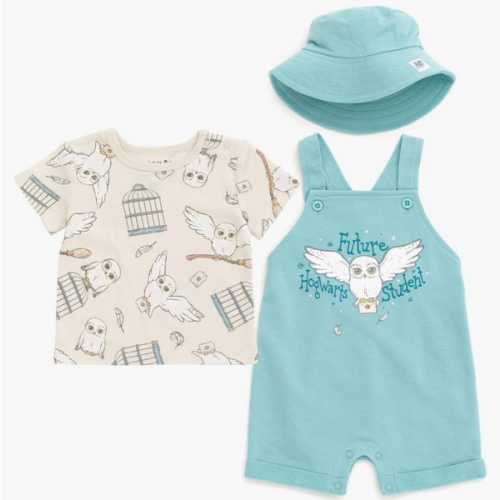 Harry Potter Hermione Hedwig Ron Weasley Baby French Terry Short Overalls T-Shirt & Hat 3 Piece Outfit Newborn to Infant