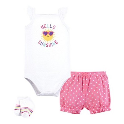 Hudson Baby Infant Girls Bodysuit, Short and Sock, Hello Sunshine Sunglasses, 6-9 Months
