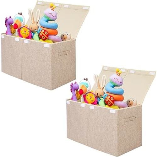 2 Pack Large Toy Box Chest Storage with Flip-Top Lid, Sturdy Kids Toy Storage Bin Boxes Container for Boys, Girls, Nursery, Closet, Bedroom, Playroom 25"x13" x16"(Linen Beige)
