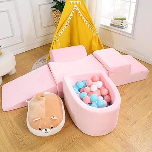 Foam Climbing Blocks for Toddlers 1-3 - Climb and Crawl Activity Playset - Indoor Activity Play Structure for Toddlers - Foam Soft Play Set for Babies - 5 PCS - Balls NOT Included - Pink