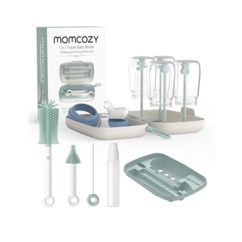 Momcozy Bottle Brush Set - Baby Bottle Cleaner Kit with Silicone Brush, Nipple Brush, Straw Brush, Soap Dispenser, Drying Rack - 7 in 1 Bottle Cleaning Tool for Home and Travel, Green