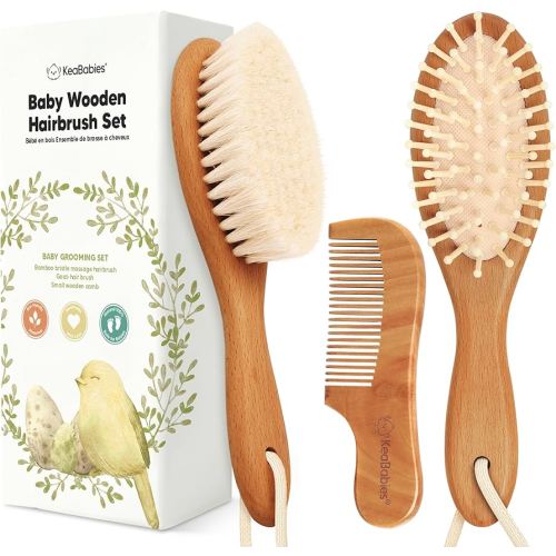 Baby Hair Brush Set for Newborns - Soft Goat Bristle Wooden Baby Brush and Comb Set Newborn Grooming Kit for Cradle Cap, Durable & Gentle, Boy, Girl Infant Essentials Care Kit (Oval, Golden Oak)