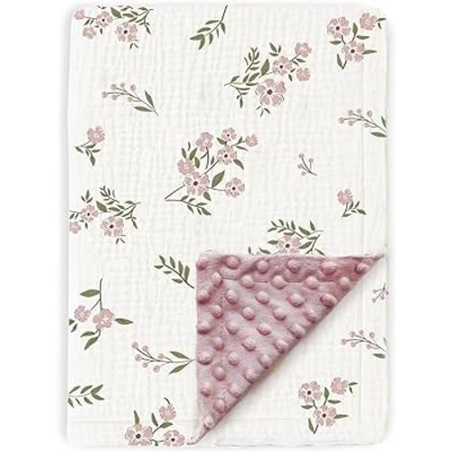 BOPRIO Muslin Baby Blankets for Girls Super Soft Nursery Minky Blankets with Breathable Muslin Cotton Front and 3D Touch Dotted Fleece Backing, Pink Floral Printed Bed Throws Newborn
