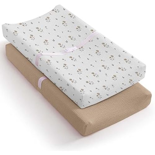 Mi Flor Muslin Changing Pad Cover – Ultra Soft CPC Certified Baby Changing Table Cover with Elastic Corners, 360° Fit, Lightweight, Breathable, Fits Most Changing Pads – 2 Pack