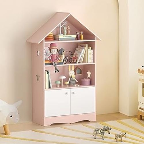 Kids Dollhouse Bookshelf, Large Wooden Kids Bookshelf and Toy Storage with Doors, 3-Tier Open Display Organizer and 1-Tier Hidden Storage Dollhouse Bookcase for Ages 3-7, Pink