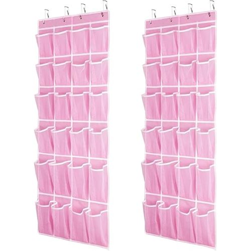 SAVERHO 2 Pack Hanging Shoe Organizer,Over Door Shoe Organizer with 24 Mesh Large Pockets Shoe Storage Bag for Sport Shoes Size:58x21 Inch Hanging Door Shoe Rack Organizer (Pink-2pack)
