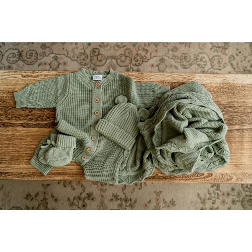 Knitted Baby Coming Home Outfit & Blanket Set - Sage Green, 0-3M