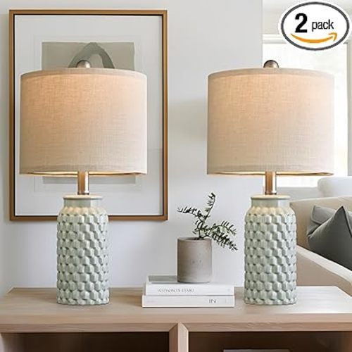 20.5 inches Modern Ceramic Green Bedside Lamp Set of 2 for Bedroom Decor Farmhouse Table Lamp for Living Room Office Dorm