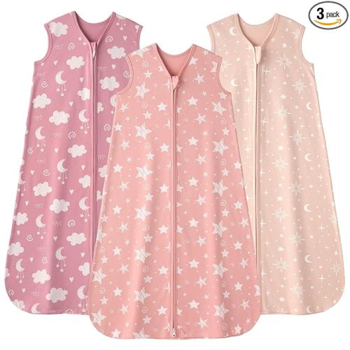 Baby Sleep Sack 0-6 months, 100% Cotton Sleeping Sack for Newborn and Infant, 3 Pack Baby Wearable Blanket, 0.5 Tog Lightweight Double Zipper Sleep Bag Small Pink Stars Moon