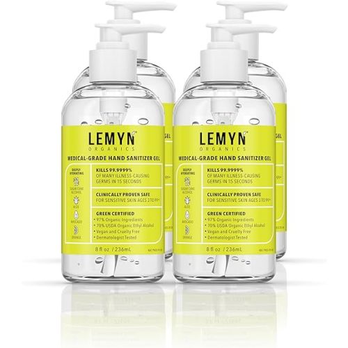 Medical Grade Hand Sanitizer Gel - 97% ORGANIC - 8 FL.OZ. with PUMP (PACK OF 4)