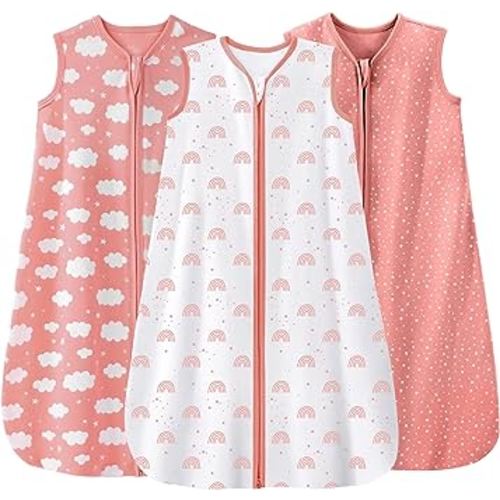 Baby Sleep Sack 0-6 Months 3 Pack 100% Cotton Lightweight 0.5 TOG Wearable Blanket Baby Sleep Bag with 2-Way Zipper for Newborn Infant Toddler Pink