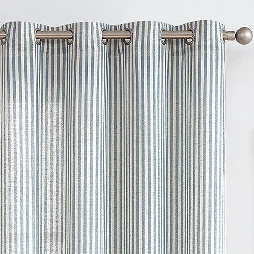 COLLACT Blue Striped Linen Curtains 96 Inch Length for Living Room/Bedroom Farmhouse Pinstripe Pattern Curtains Light Filtering Drapes Grommet Window Treatments, W50 x L96, 2 Panels Blue on Beige