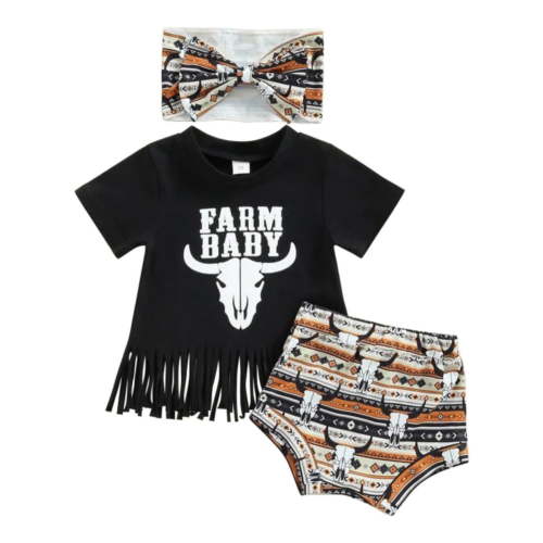 BULLPIANO Western Baby Girl Clothes Boho Cow Print Short Sleeve T-Shirt Tops Shorts Set Headband 3Pcs Toddler Cowgirl Outfits