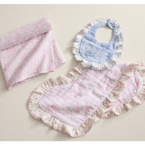 LoveShackFancy Organic Muslin Bib, Burp & Swaddle Gift Set