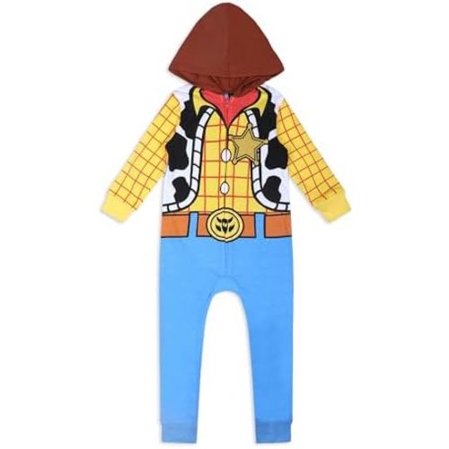Disney Toy Story Woody or Buzz Lightyear Boys’ Hooded Romper for Newborn, Infant and Toddler – Blue/Yellow or White