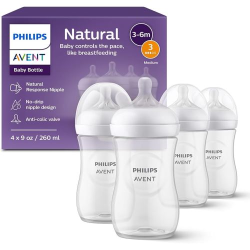 Philips Avent Natural Baby Bottles with Natural Response Nipples (Medium Flow, Flow 3), 9oz, 4-pack, SCY903/04