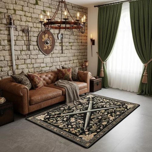 Medieval Style Swords Area Rug Country Rustic Flowers Non Slip Carpet for Kids Teens Adults Knight Theme Sword Rug for Bedroom Playroom Backyard Black Yellow Couch Living Room Decor,5x6'6''