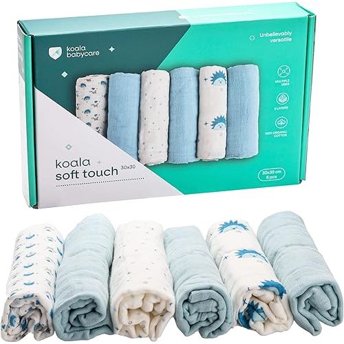 Koala Babycare 6 Pack 12"x12" Muslin Burp Cloths for Baby Boys and Girls - GOTS & Oeko-TEX Cotton Burp Rags for Newborns - Absorbent Neutral Burping Cloths for Feeding - Washable Baby Bibs Essentials