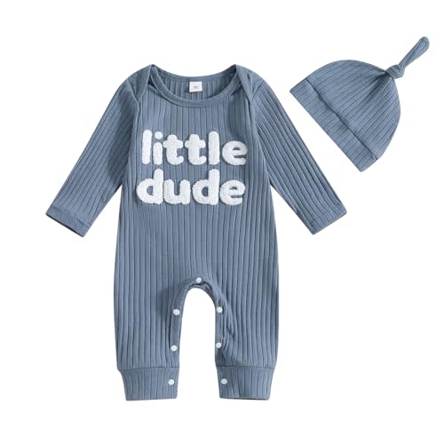 ZAXARRA Newborn Coming Home Baby Boy Outfits Little Dude Letter Print One Piece Rompers Long Sleeve Waffle Knit Fall Clothes