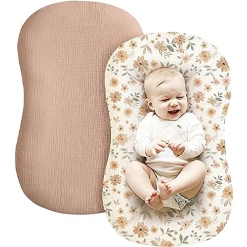 Konssy Muslin Baby Lounger Cover 2 Pack, 100% Cotton Newborn Lounger Cover, Soft and Breathable Removable Slipcover Infant Lounger Cover for Boy, Girl (Peach, Flowers)
