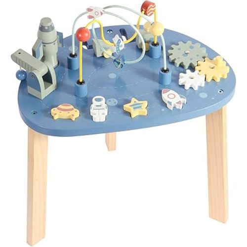 Asweets 6 in 1 Montessori Wooden Activity Table, Multicolor Universe Themed Table for Kids with Bead Maze & Rocket Stack, Best Gifts for Girls & Boys, 15.35’’L x 11.02’’W x 18.11’’H