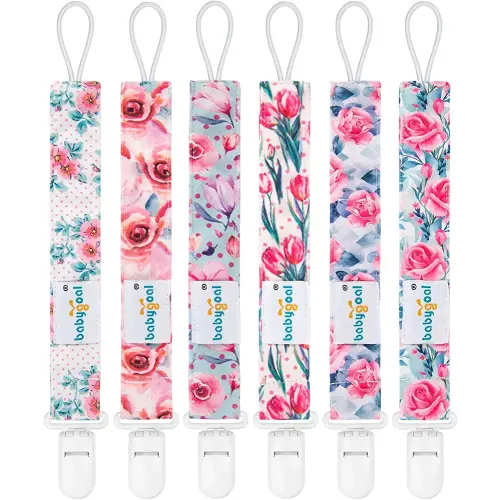 Babygoal Floral Pacifier Clips, 6 Pack Binky Paci Holder Clips and Leash for Boys and Girls Fits for Most Pacifier, Binkie Styles & Baby Teethers & Toys and Gift 6PS16