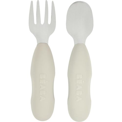 BEABA Set of 2 Stainless Steel Pre-Cutlery Spoon and Fork Set, Baby Toddler Stainless Steel with Silicone Utensil Set, Baby Toddler Spoon Fork Silverware Set, Grey