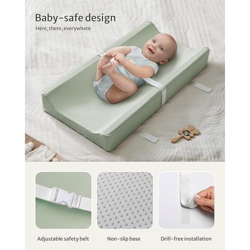 Blissful Diary Vegan Leather Baby Changing Pad with Waterproof & Wipe-Clean PU Cover, Standard Size Cozy Diaper Changing Pad for Dresser and Table, Light Green