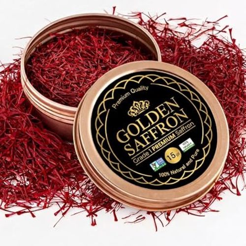 Golden Saffron, Finest Pure Premium All Red Saffron Threads, Grade A+ Super Negin, Non-GMO Verified. For Tea, Paella, Rice, Desserts, Golden Milk and Risotto (15.0 Grams)