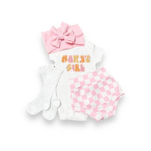 Mama's Girl Baby Bummies Set, Pink Checker Momma's Girl Mother's Day Bummies and Bow Outfit, Newborn Baby girl Coming Home Outfit