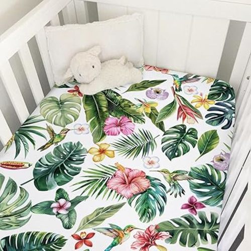 Green Tropical Leaves Floral Baby Crib Sheets 52''x28'' Monstera Leaves