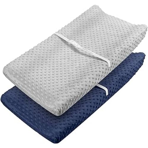 Babebay Changing Pad Cover, Ultra Soft Minky Dots Plush Changing Table Covers for Baby Boys and Girls, Breathable, 2 Pack(Light Grey & Navy Blue)