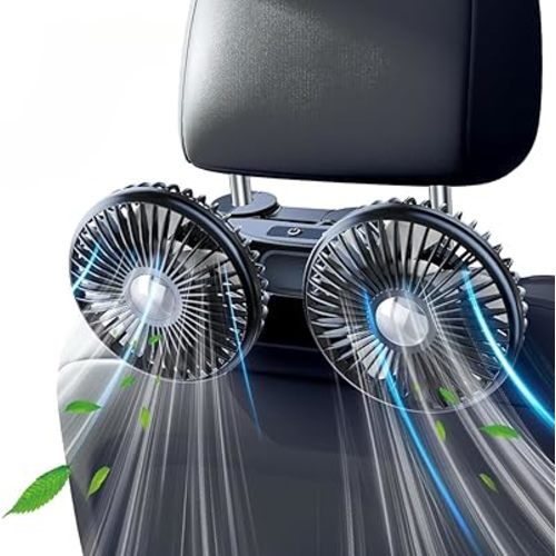 Car Fan for Backseat For Kids, Rear Seat Fans, Adjustable Dual Head USB Cooling Air Fan, Portable Fans for Carseat with 3 Speeds, Clip Lock, 360° Rotation, Suitable for Kids Dogs
