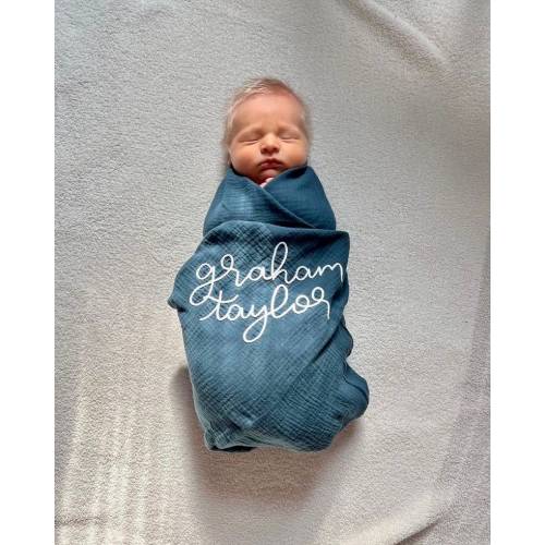 Hand Embroidered Baby Swaddle // Personalized Monogram Muslin Blanket
