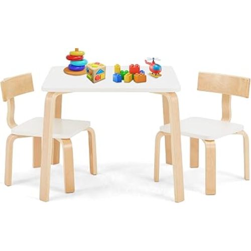 Kids Table and Chairs Set - Children Activity Table w/ 2 Chairs, Kids Desk and Chair Set with Durable Birch Veneer, Playroom Daycare Furniture for Drawing, Reading, White Solid Wood